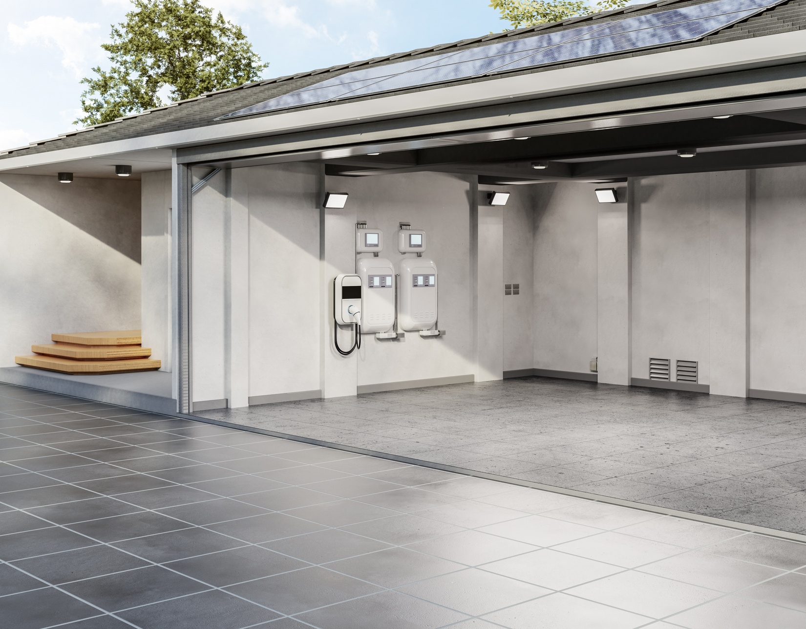 Solar panel on roof generate electricity for home garage with ev
