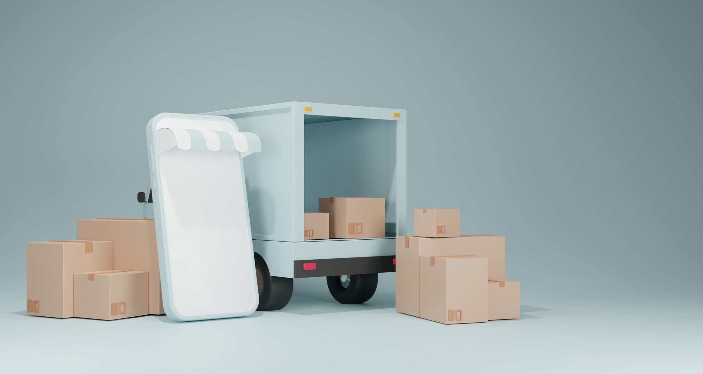 E-commerce concept, Delivery service on mobile application, Transportation delivery by truck. 3D rendering.
